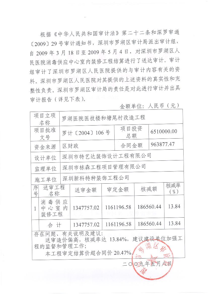湖区人民医院消毒供应中心室内装修工程结算审