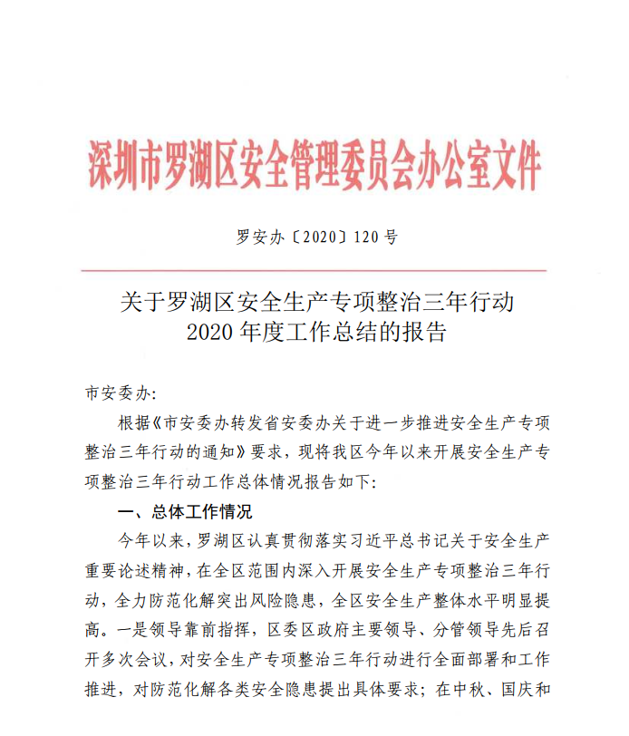 罗湖区2020年度安全生产专项整治三年行动工作总结报告